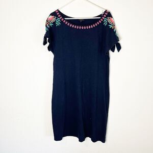 Talbots Navy Blue Embroidered Short Tie Sleeve Cotton Shift Dress Large 247